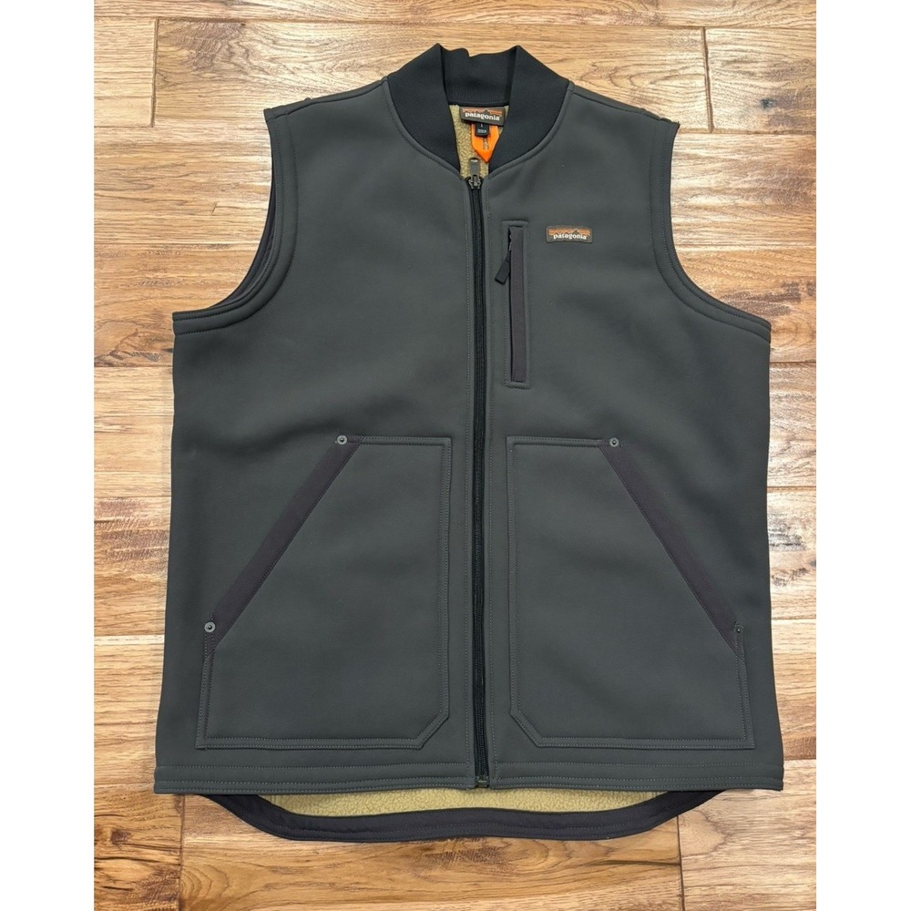 Patagonia Burly Man Vest Mens L Gray Brown Fleece Lined Zip Utility Moen Logo